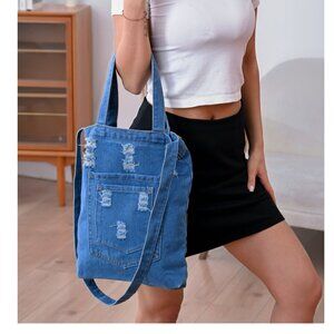 Distressed Denim Handbag Bag with 2 Pockets Should Strap Zipper Closure NWT